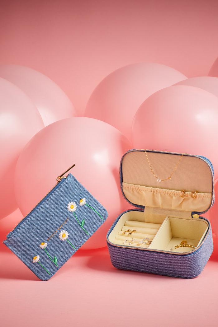 Estella Bartlett Daisy Embroidered Mini Jewellery Box Denim