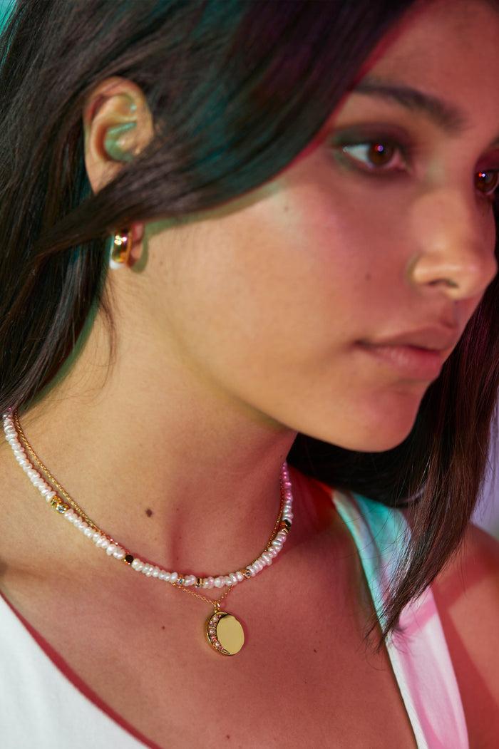 Estella Bartlett Double Chain Moon Necklace Gold Plated | Pearl