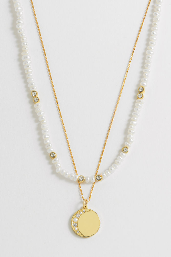 Estella Bartlett Double Chain Moon Necklace Gold Plated | Pearl