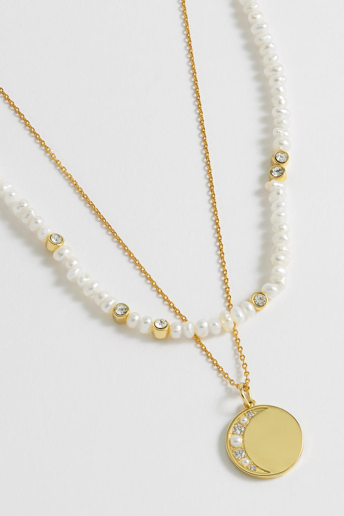 estella bartlett Double Chain Moon Necklace Gold Plated | Pearl