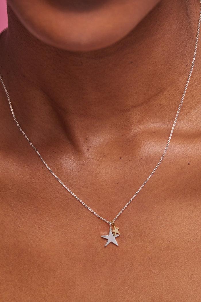Estella Bartlett Double Hand Drawn Star Necklace Silver Plated Packaging Message: Bright Star