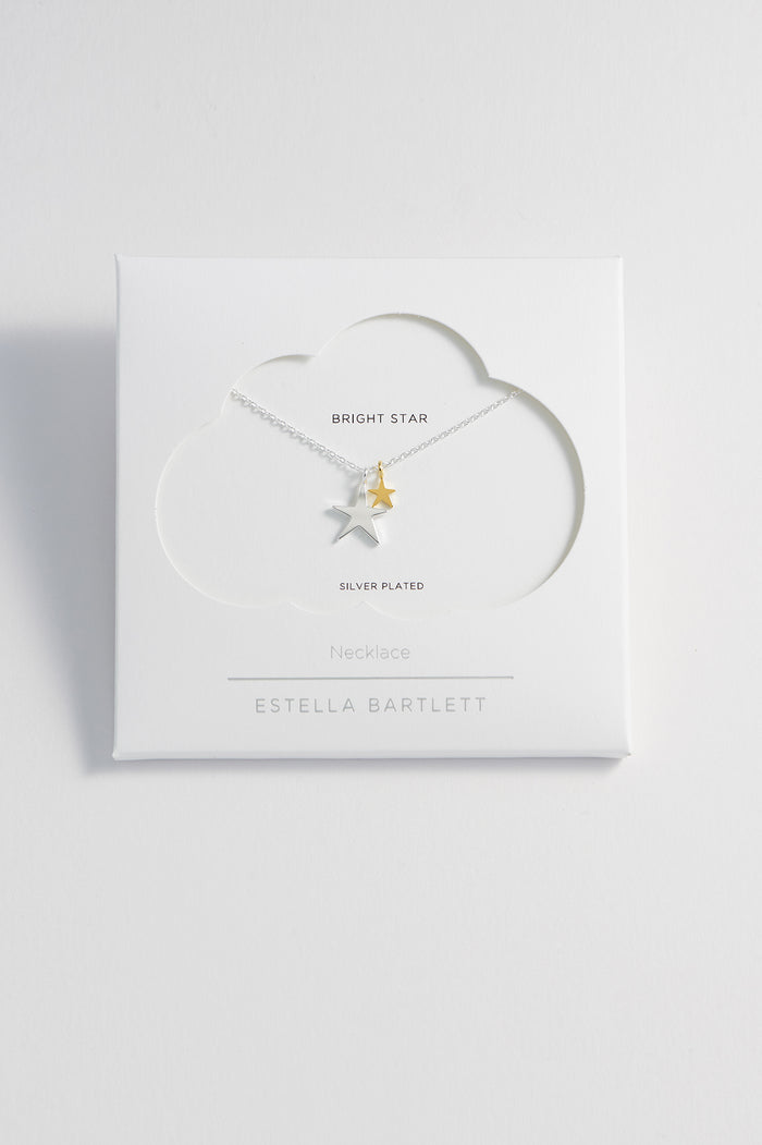 estella bartlett Double Hand Drawn Star Necklace Silver Plated Packaging Message: Bright Star