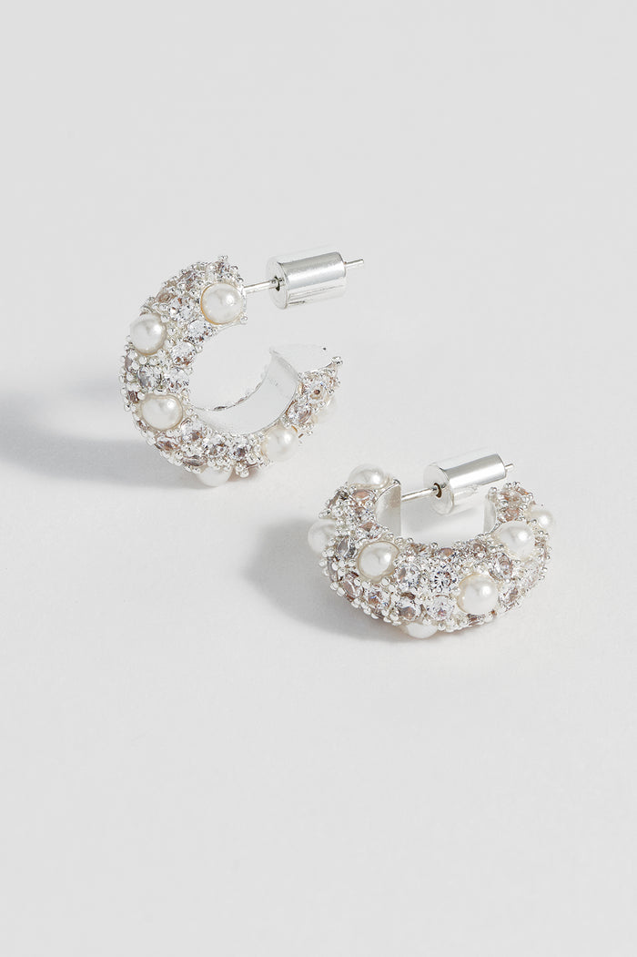 estella bartlett Embellished Pearl and CZ Hoops Silver Plated | Pearl