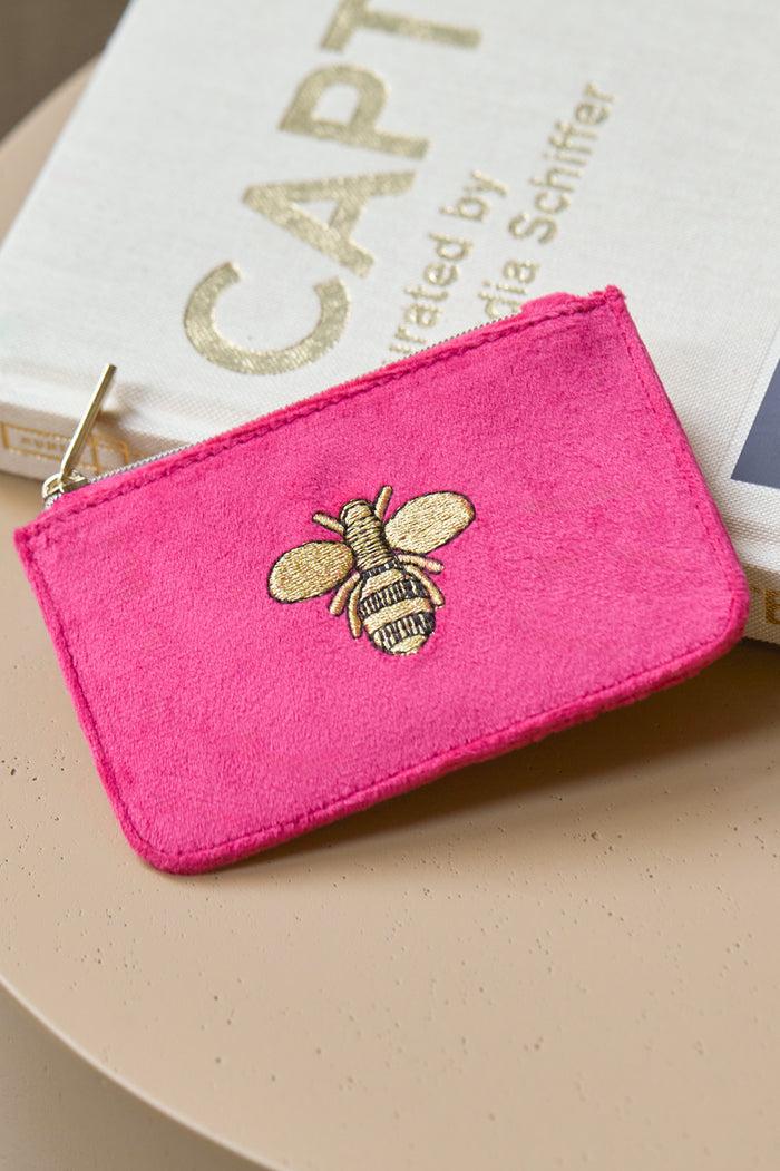 Estella Bartlett Embroidered Bee Card Purse Hot Pink Velvet