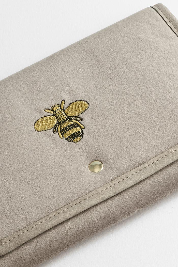 Estella Bartlett Embroidered Bee Folding Jewellery Pouch Taupe Velvet