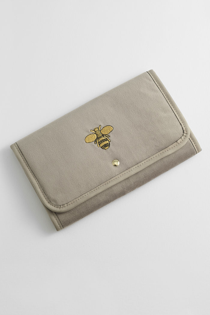 estella bartlett Embroidered Bee Folding Jewellery Pouch Taupe Velvet