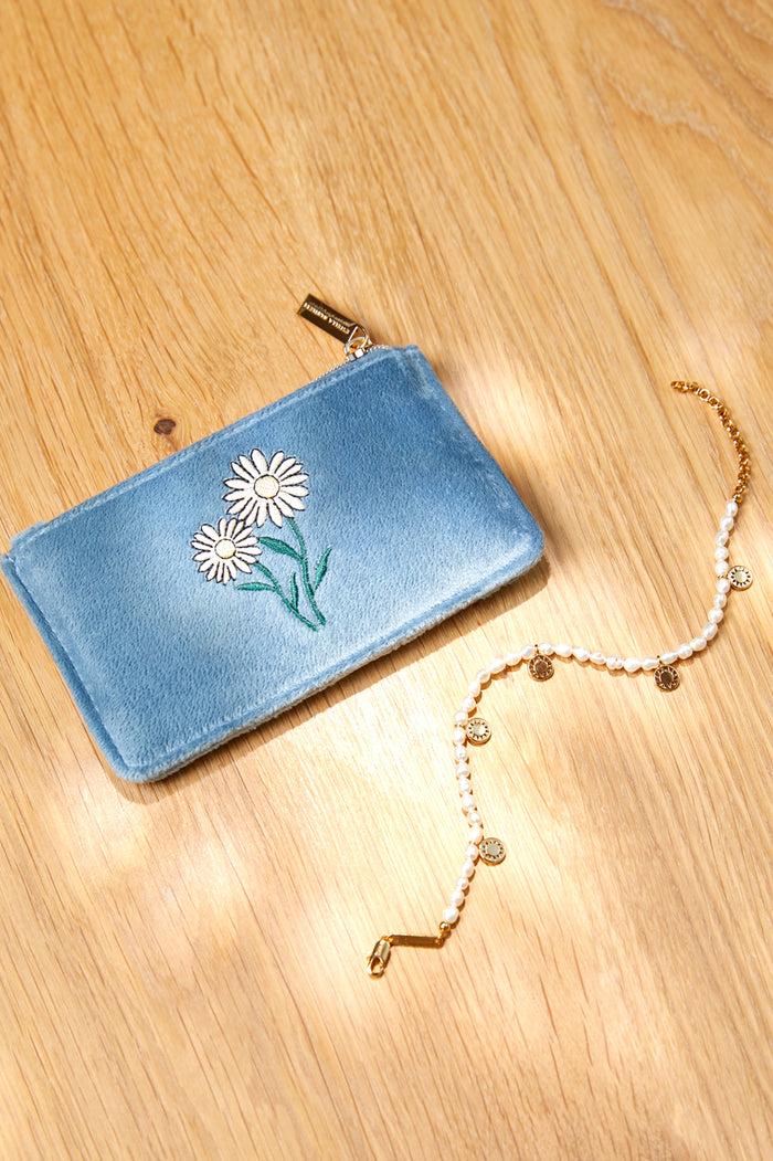 Estella Bartlett Embroidered Daisy Card Purse Blue Velvet