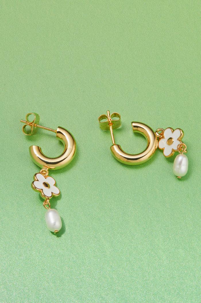 Estella Bartlett Enamel Flower Pearl Drop Hoops Gold Plated | White