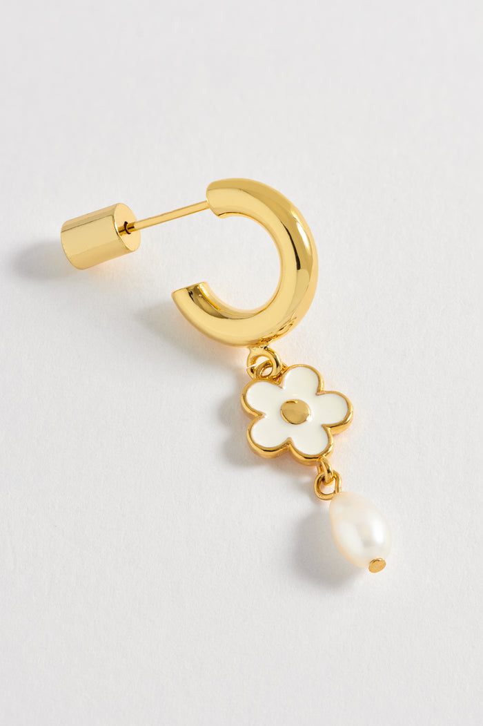 Estella Bartlett Enamel Flower Pearl Drop Hoops Gold Plated | White