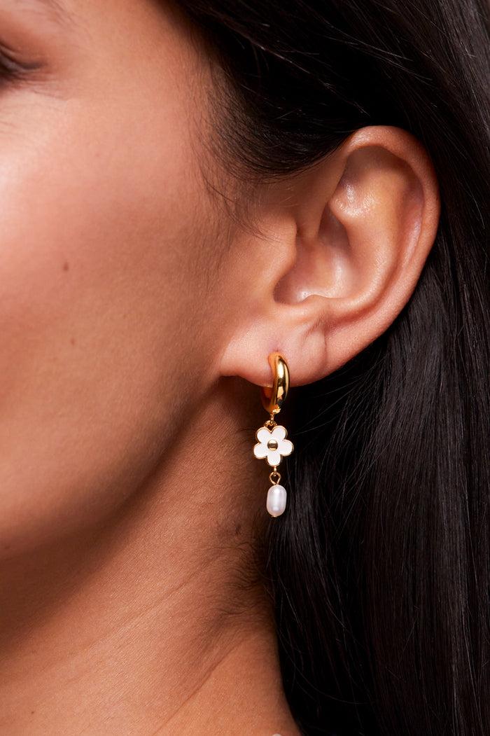 Estella Bartlett Enamel Flower Pearl Drop Hoops Gold Plated | White