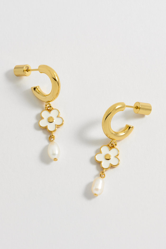 estella bartlett Enamel Flower Pearl Drop Hoops Gold Plated | White