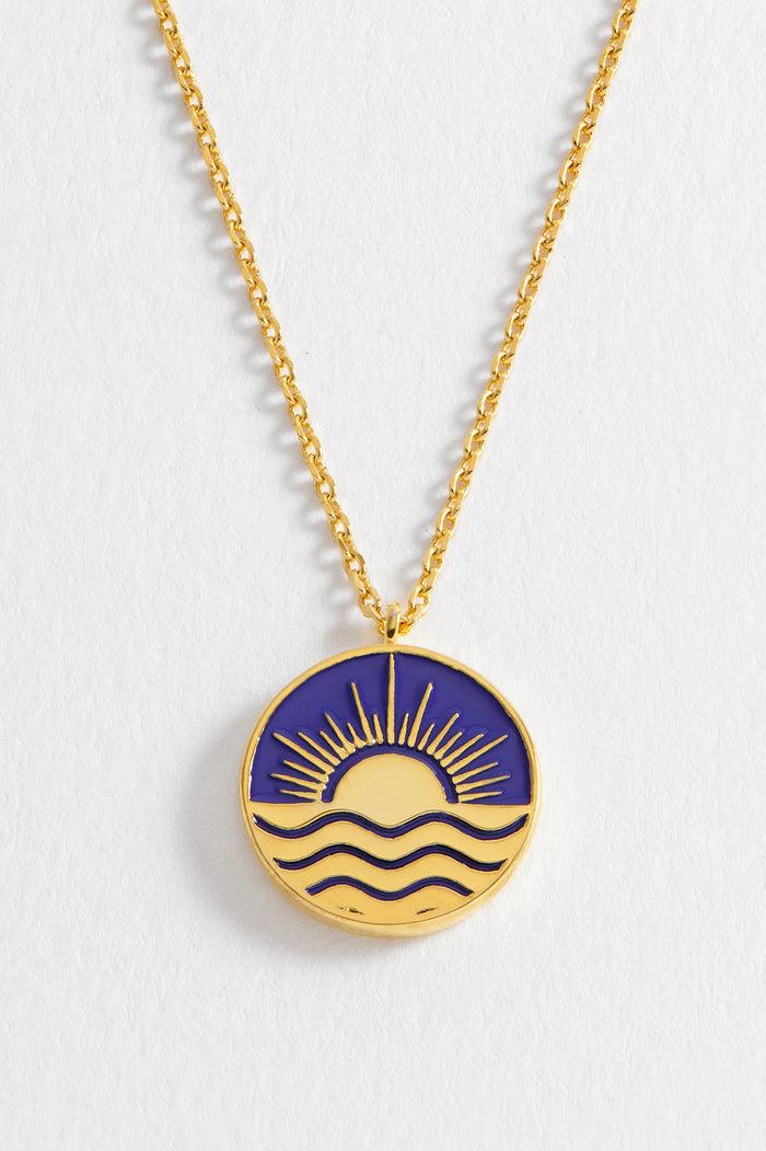 Estella Bartlett Enamel Sun Pendant Necklace Gold Plated | Navy Packaging Message: SHINE BRIGHT
