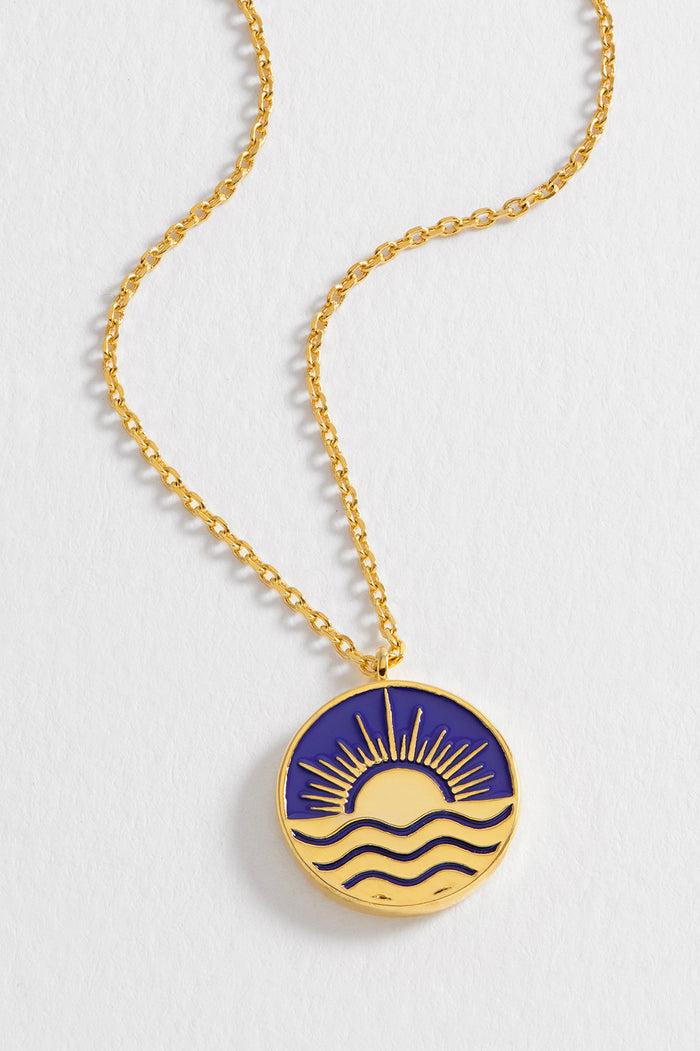 Estella Bartlett Enamel Sun Pendant Necklace Gold Plated | Navy Packaging Message: SHINE BRIGHT