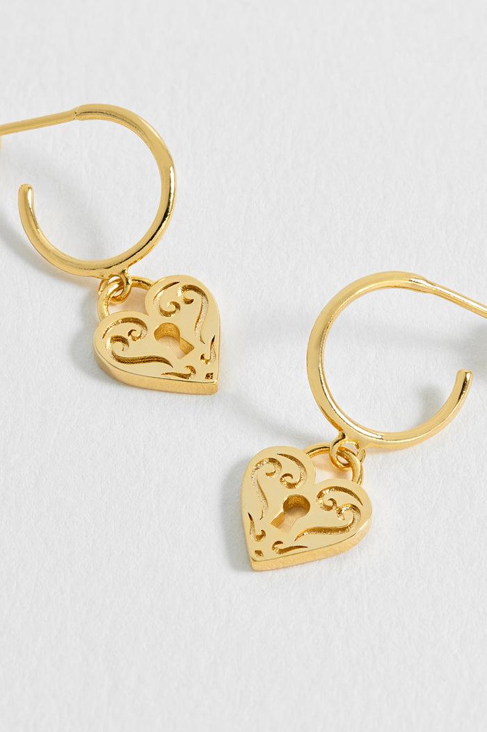 Estella Bartlett Engraved Heart Padlock Hoop Earrings Gold Plated