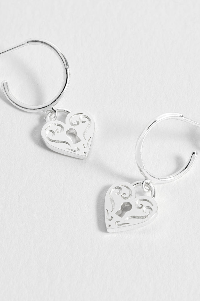 Estella Bartlett Engraved Heart Padlock Hoop Earrings Silver Plated