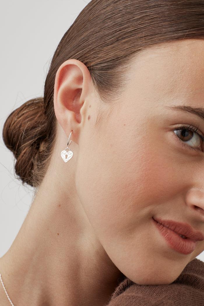 Estella Bartlett Engraved Heart Padlock Hoop Earrings Silver Plated