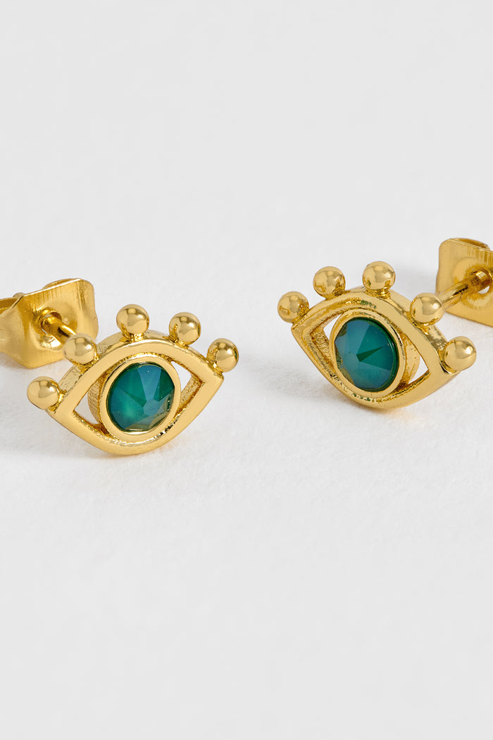 Estella Bartlett Evil Eye Stud Earrings Gold Plated | Green CZ