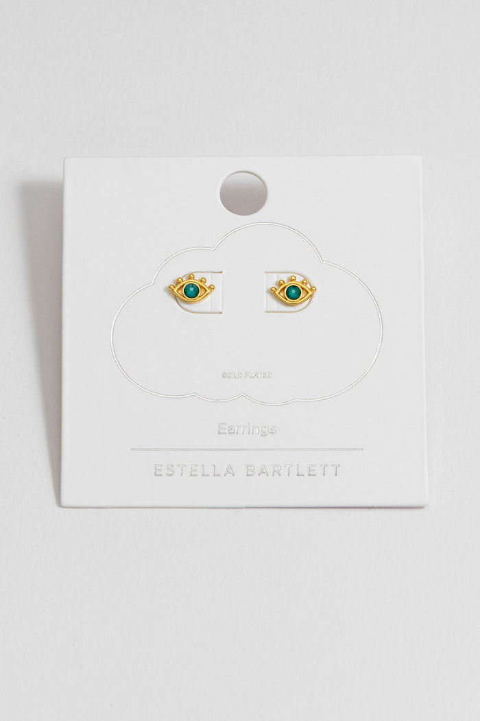 Estella Bartlett Evil Eye Stud Earrings Gold Plated | Green CZ