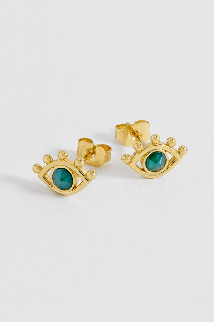 estella bartlett Evil Eye Stud Earrings Gold Plated | Green CZ