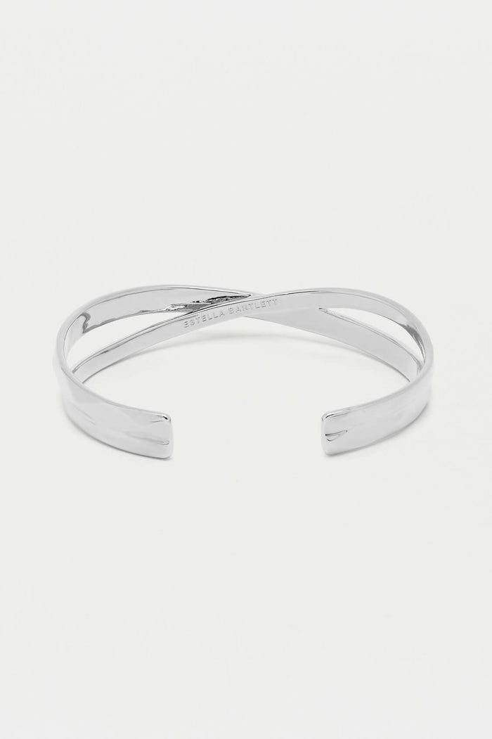 Estella Bartlett Faceted Texture Crossover Open Cuff Bangle Silver Plated