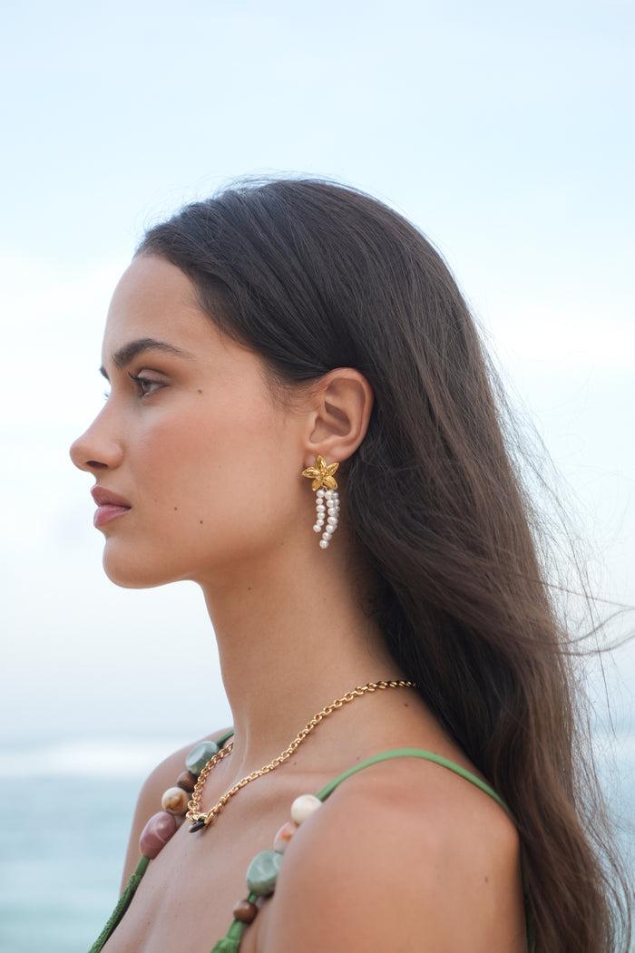 Estella Bartlett Flower Pearl Drop Earrings Waterproof PVD Gold Plated | Pearl