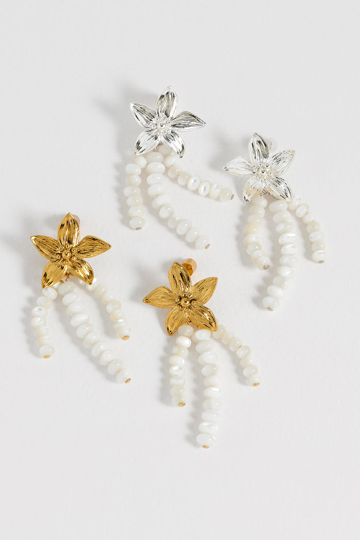 Estella Bartlett Flower Pearl Drop Earrings Waterproof PVD Silver Plated | Pearl