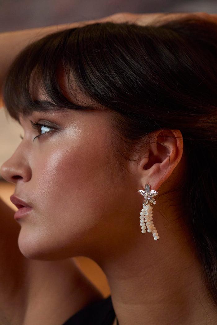 Estella Bartlett Flower Pearl Drop Earrings Waterproof PVD Silver Plated | Pearl