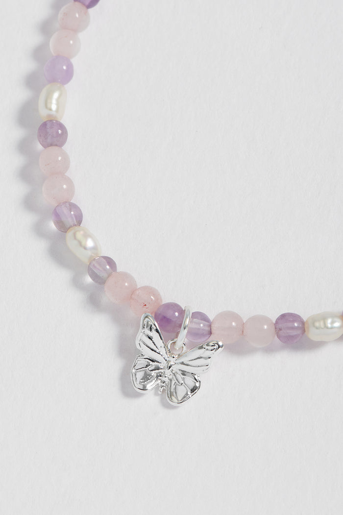 Estella Bartlett Gemstone And Pearl Butterfly Sienna Bracelet Silver Plated | Amethyst And Pearl Packaging Message: DREAMER