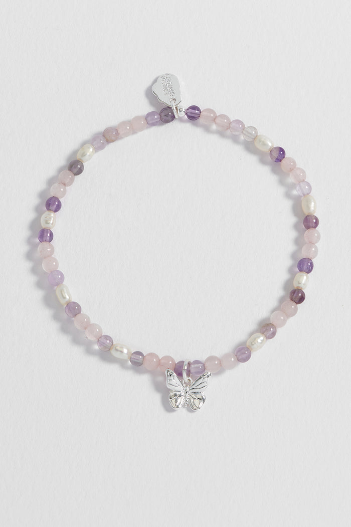 Estella Bartlett Gemstone And Pearl Butterfly Sienna Bracelet Silver Plated | Amethyst And Pearl Packaging Message: DREAMER