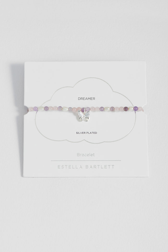 estella bartlett Gemstone and Pearl Butterfly Sienna Bracelet Silver Plated | Amethyst and Pearl Packaging Message: DREAMER
