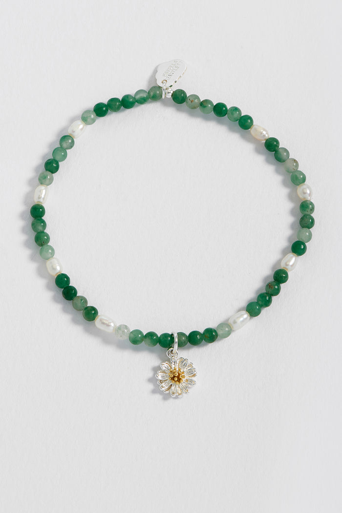 Estella Bartlett Gemstone And Pearl Wildflower Sienna Bracelet Silver Plated | Green Agate And Pearl Packaging Message: WILDFLOWER
