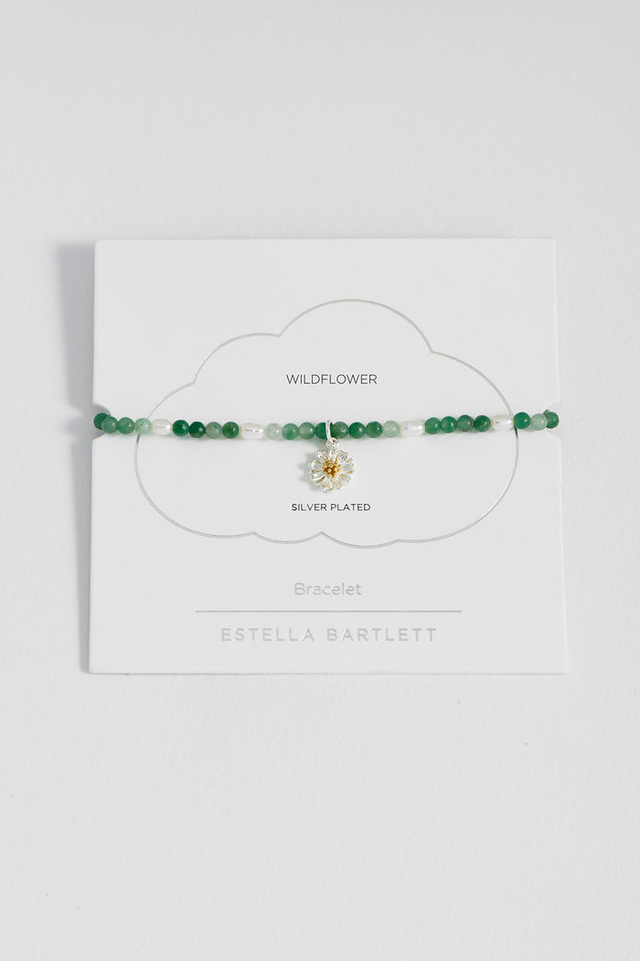 estella bartlett Gemstone and Pearl Wildflower Sienna Bracelet Silver Plated | Green Agate and Pearl Packaging Message: WILDFLOWER