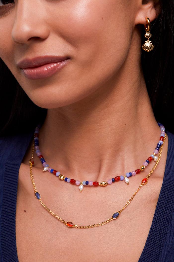 Estella Bartlett Gemstone Chain Necklace Gold Plated | Lapis And Red Agate