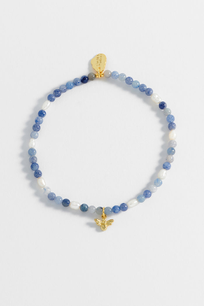 Estella Bartlett Gemstone Pearl Bee Bracelet Gold Plated | Pearl And Blue Aventurine Packaging Message: Bee Happy