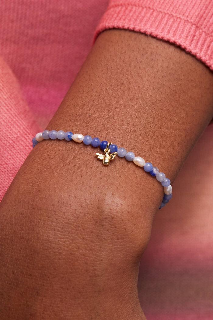 Estella Bartlett Gemstone Pearl Bee Bracelet Gold Plated | Pearl And Blue Aventurine Packaging Message: Bee Happy
