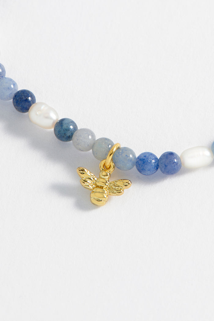 Estella Bartlett Gemstone Pearl Bee Bracelet Gold Plated | Pearl And Blue Aventurine Packaging Message: Bee Happy