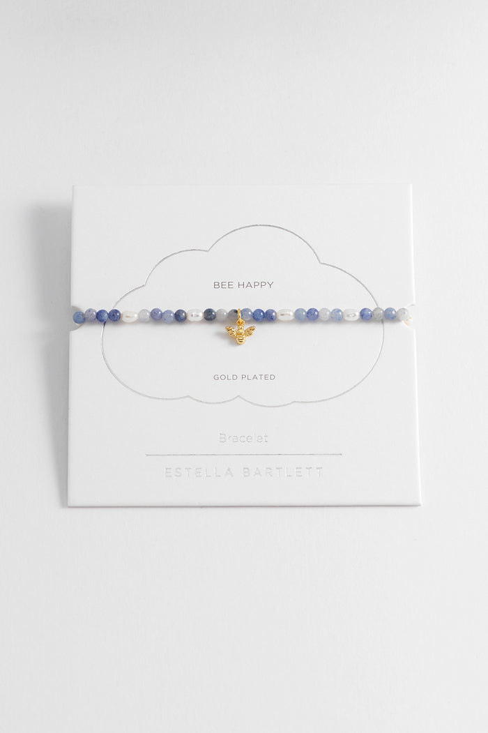 estella bartlett Gemstone Pearl Bee Bracelet Gold Plated | Pearl and Blue Aventurine Packaging Message: Bee Happy
