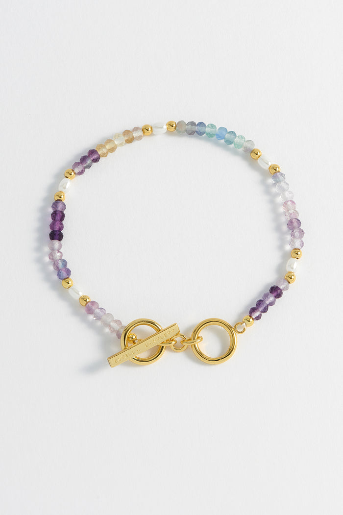 estella bartlett Gemstone Pearl T-Bar Beaded Bracelet Gold Plated | Flourite