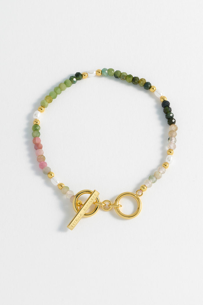 estella bartlett Gemstone Pearl T-Bar Beaded Bracelet Gold Plated | Tourmaline