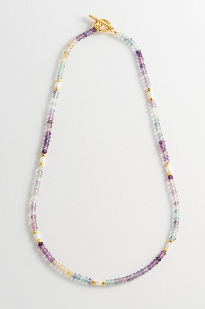 Estella Bartlett Gemstone Pearl T-Bar Beaded Necklace Gold Plated | Flourite
