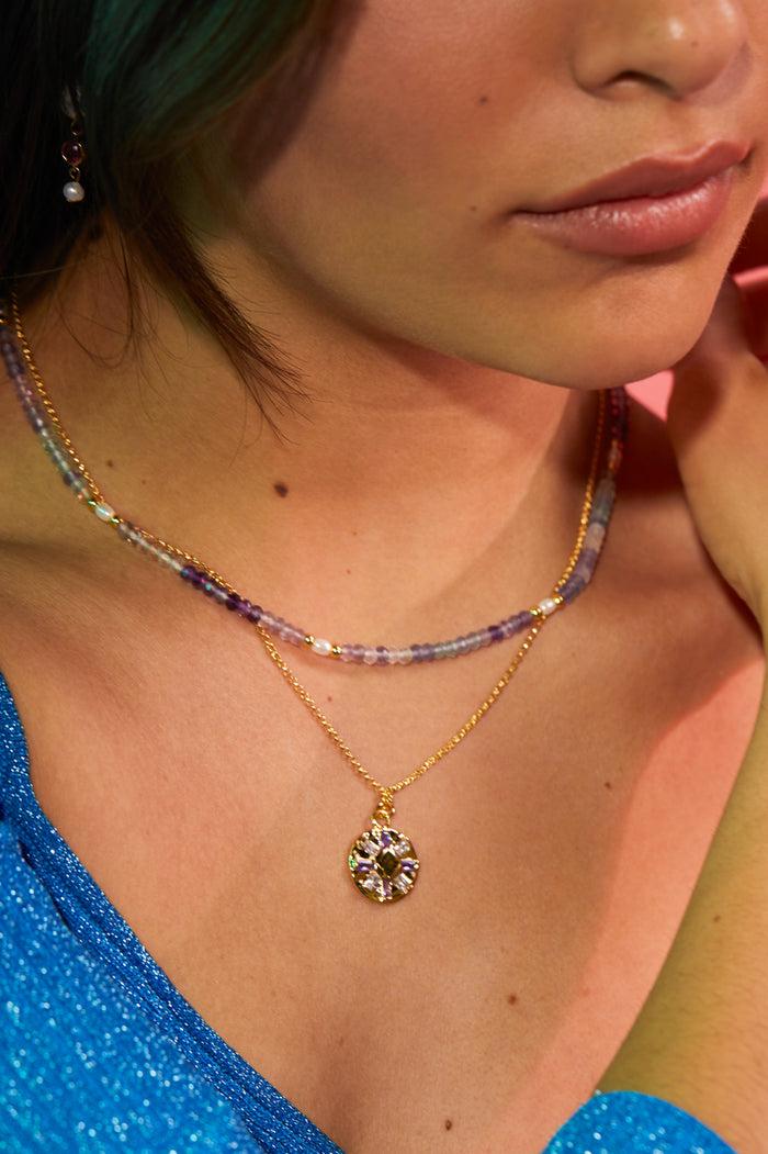 Estella Bartlett Gemstone Pearl T-Bar Beaded Necklace Gold Plated | Flourite