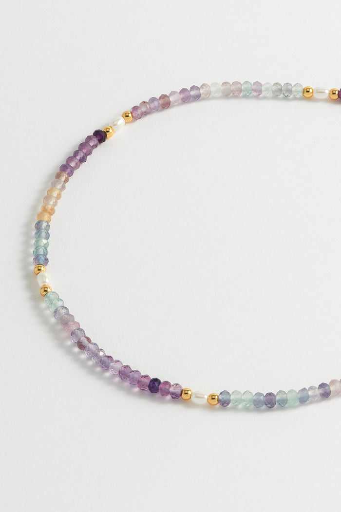 estella bartlett Gemstone Pearl T-Bar Beaded Necklace Gold Plated | Flourite