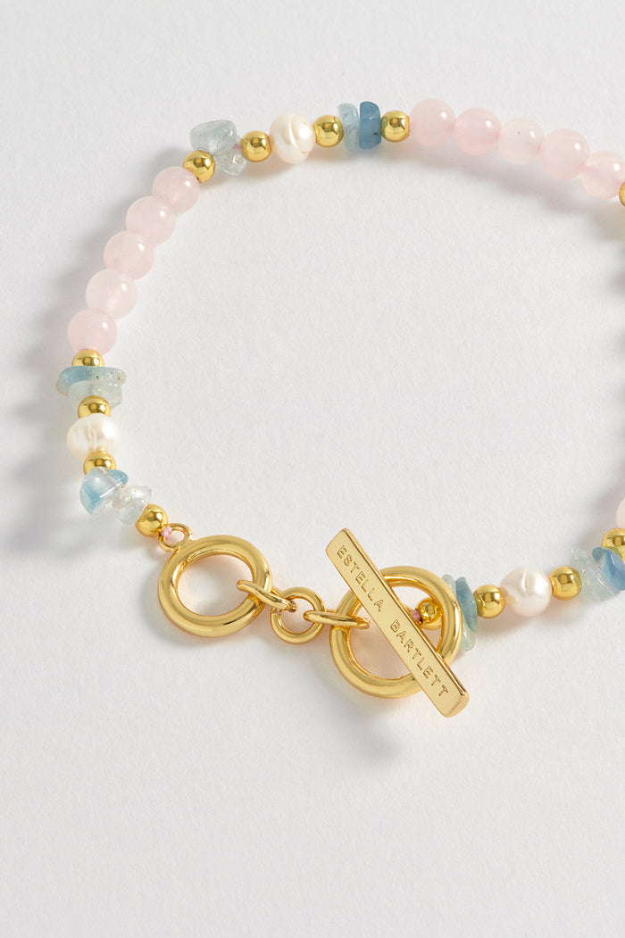 Estella Bartlett Gemstone Pearl T-Bar Bracelet Gold Plated | Pearl Rose Quartz And Aquamarine