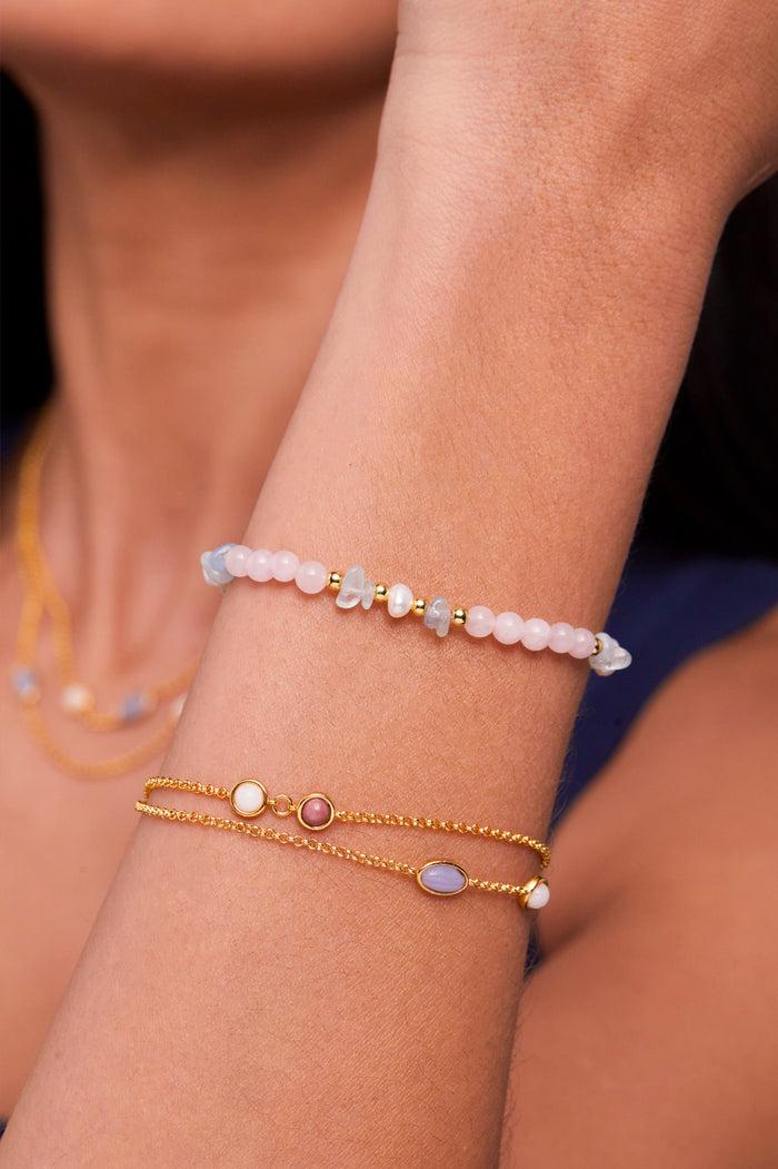 Estella Bartlett Gemstone Pearl T-Bar Bracelet Gold Plated | Pearl Rose Quartz And Aquamarine