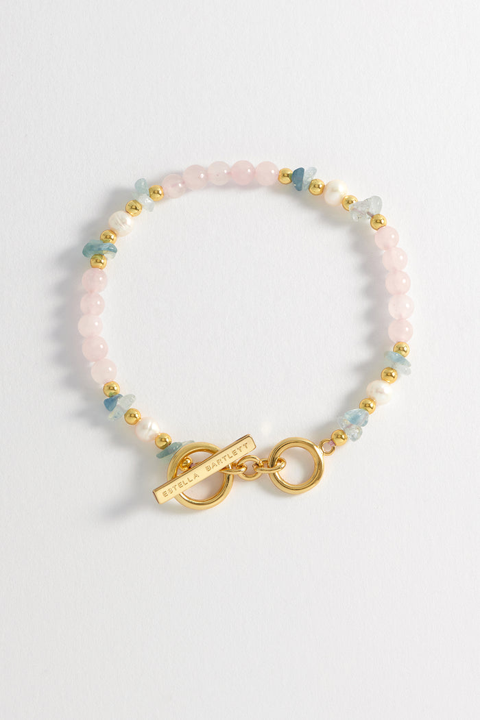 estella bartlett Gemstone Pearl T-Bar Bracelet Gold Plated | Pearl Rose Quartz and Aquamarine