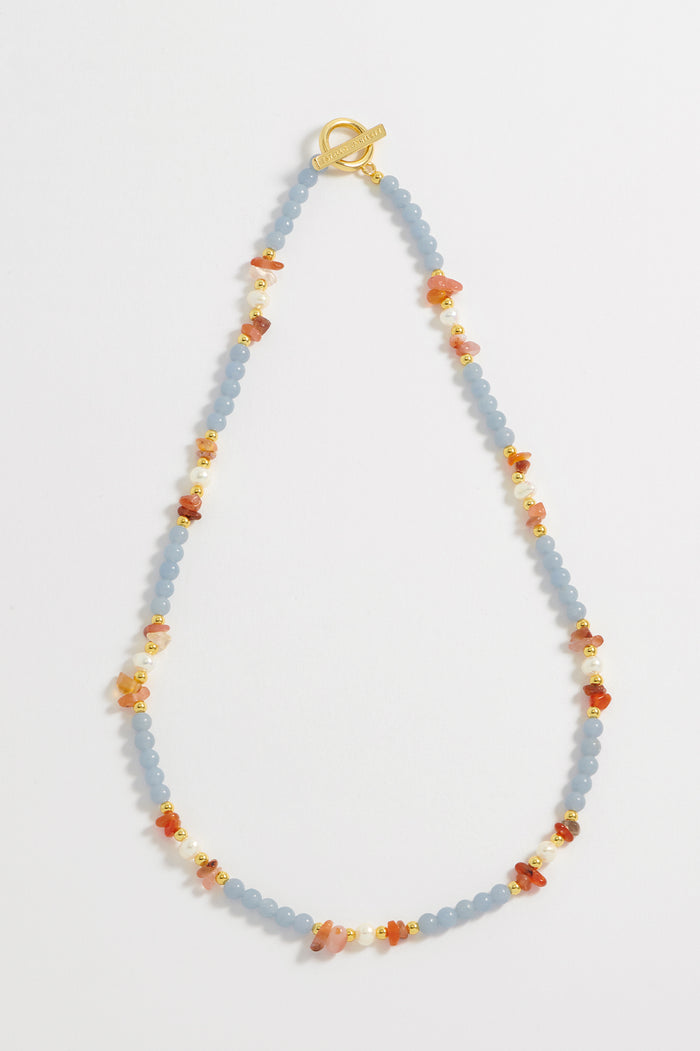 Estella Bartlett Gemstone Pearl T-Bar Necklace Gold Plated | Angelite Red Agate And Pearl