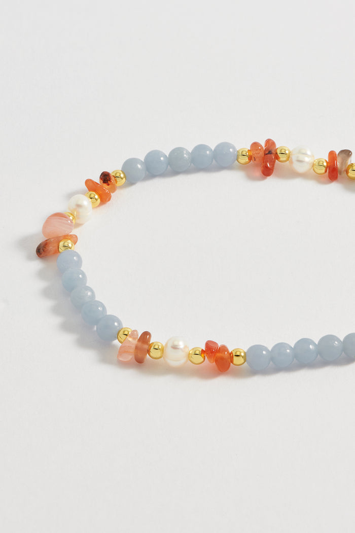 Estella Bartlett Gemstone Pearl T-Bar Necklace Gold Plated | Angelite Red Agate And Pearl