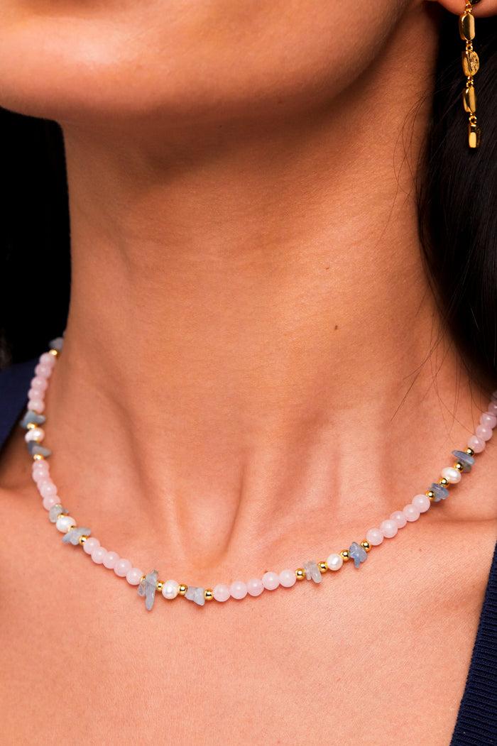 Estella Bartlett Gemstone Pearl T-Bar Necklace Gold Plated | Pearl Rose Quartz And Aquamarine
