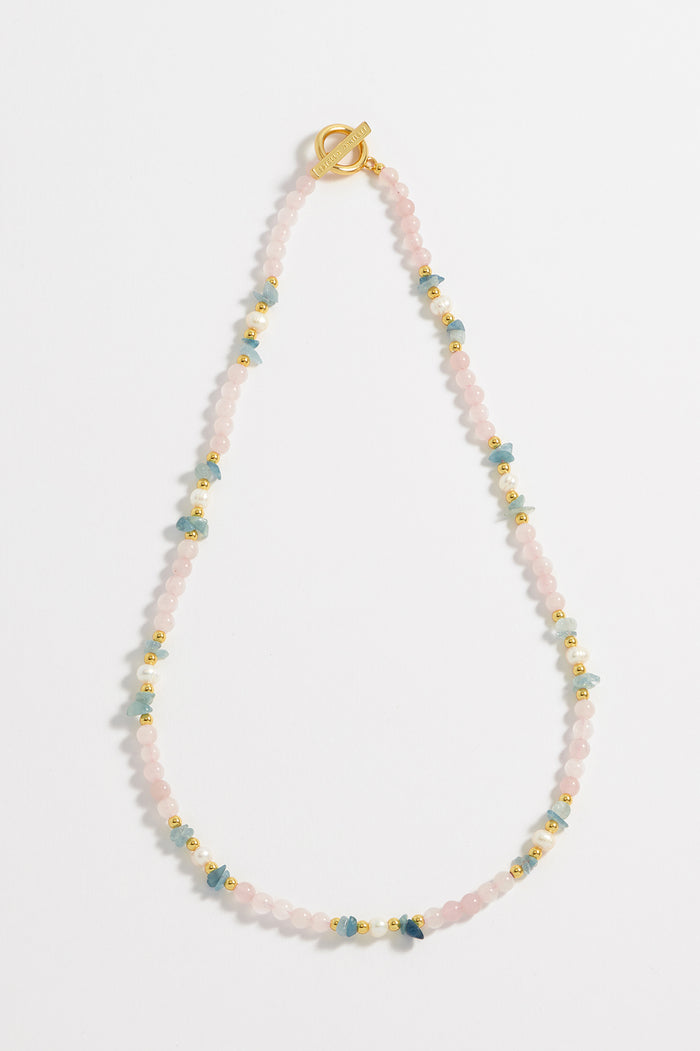 Estella Bartlett Gemstone Pearl T-Bar Necklace Gold Plated | Pearl Rose Quartz And Aquamarine