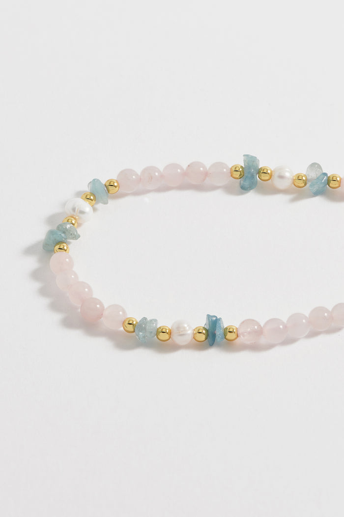 Estella Bartlett Gemstone Pearl T-Bar Necklace Gold Plated | Pearl Rose Quartz And Aquamarine